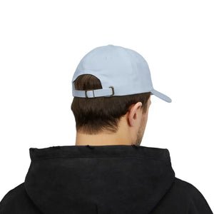 Person viewed from behind wearing Light Blue Baseball Cap G.O.D Grampy on Duty and Black Hoodie