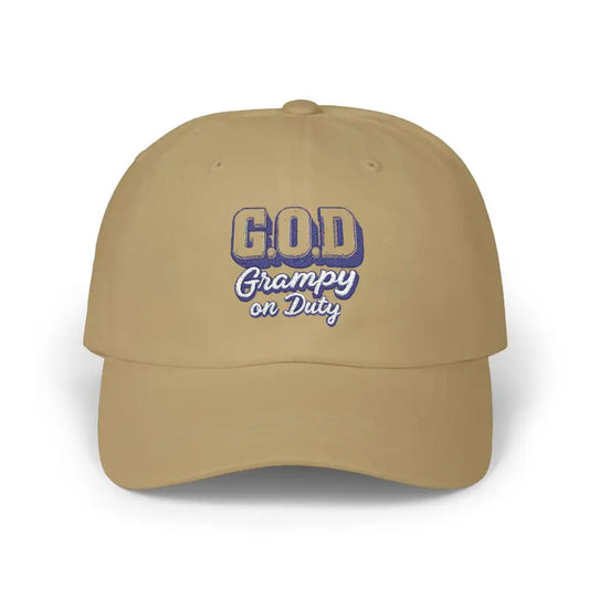Beige Baseball Cap with G.O.D. Grampy on Duty embroidery in a product image