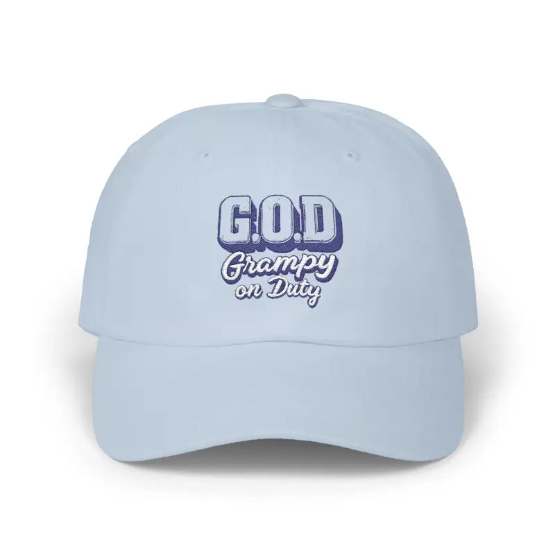 Light blue baseball cap with G.O.D. Grampy on Duty in purple and white lettering