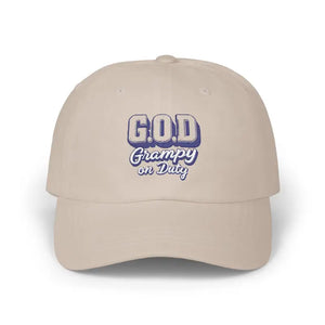 Beige Baseball Cap with G.O.D. Grampy on Duty embroidery in a product image