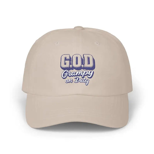 Beige Baseball Cap with G.O.D. Grampy on Duty embroidery in a product image