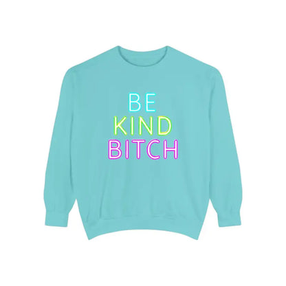 Aqua unisex sweatshirt featuring vibrant colorful text promoting kindness