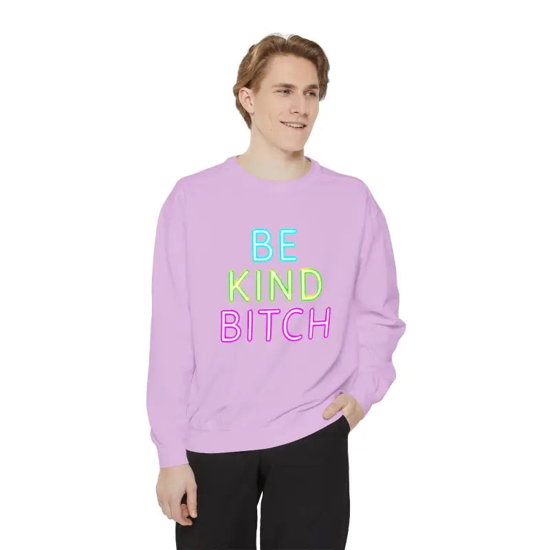 Lavender sweatshirt featuring neon text in the Be Kind Unisex Sweatshirt collection