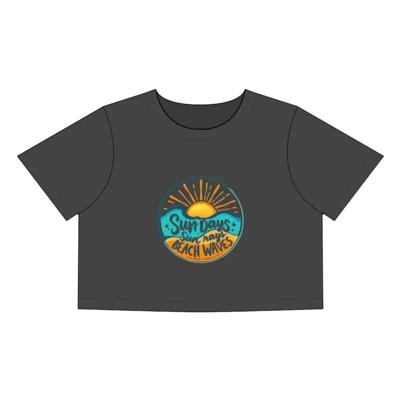 Gray crop top featuring a beach-themed graphic from Beach Graphic Crop Tops collection