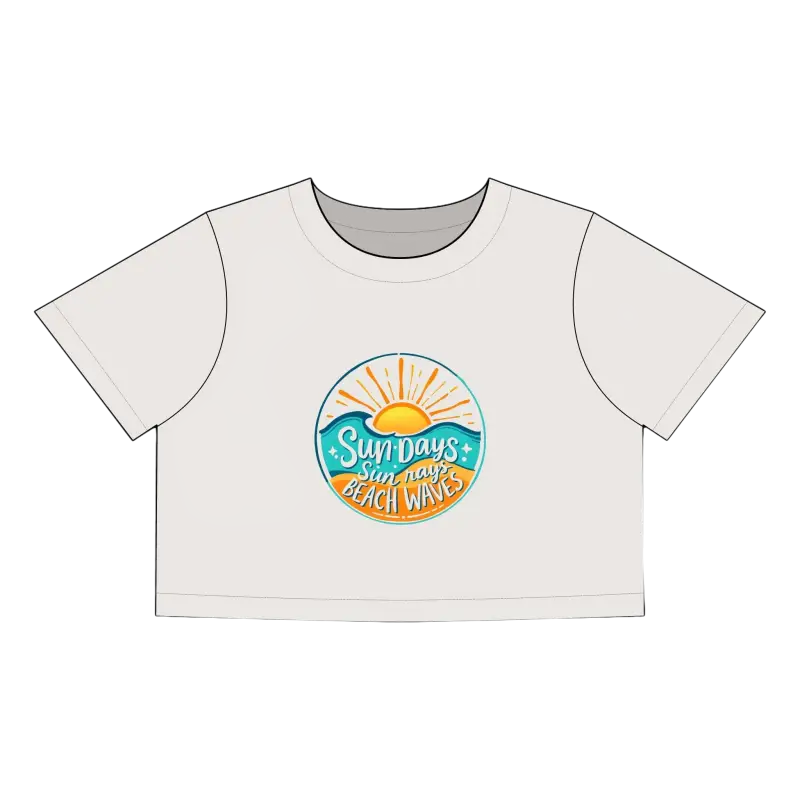 White crop top featuring a beach-themed graphic from Beach Graphic Crop Tops collection