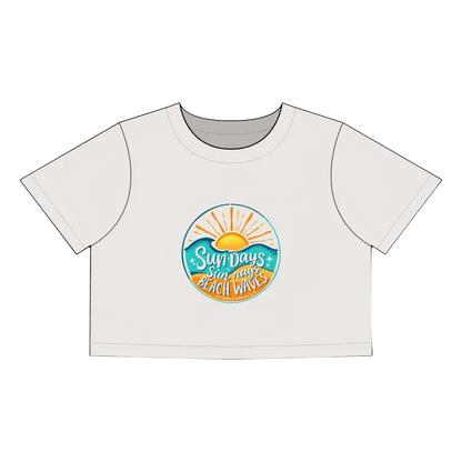 White crop top featuring a beach-themed graphic from Beach Graphic Crop Tops collection