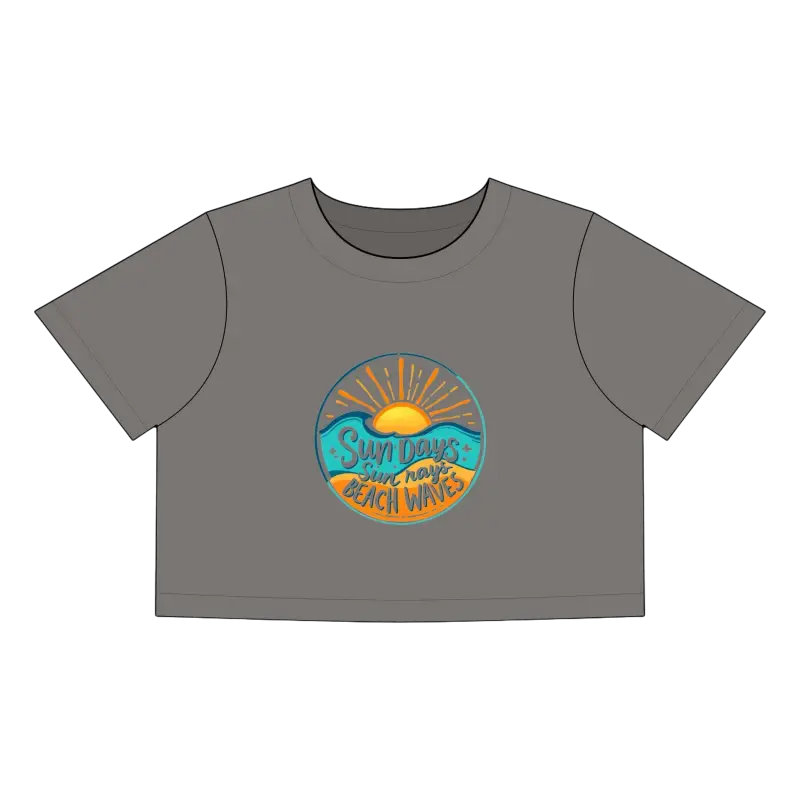 Gray crop top featuring a beach-themed graphic from the Beach Graphic Crop Tops collection