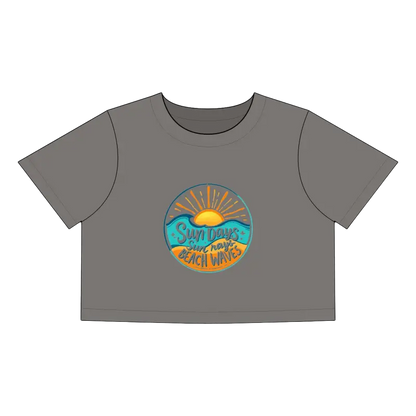Gray crop top featuring a beach-themed graphic from the Beach Graphic Crop Tops collection