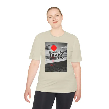 Beige Beach Graphic Moisture Wicking T-Shirt for stylish summer wear