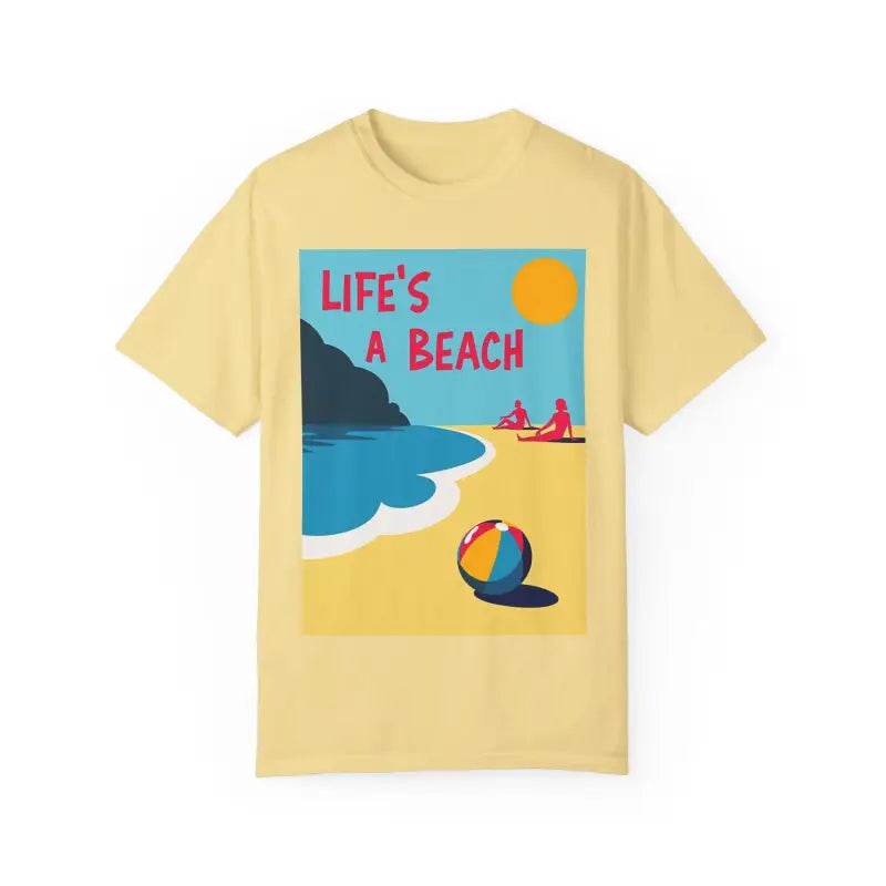 Yellow Beach Life Unisex T Shirt featuring a vibrant beach scene graphic