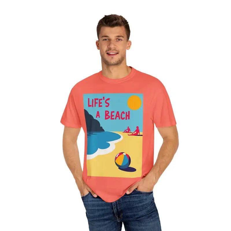 Coral-colored Beach Life Unisex T Shirt featuring a vibrant beach scene design