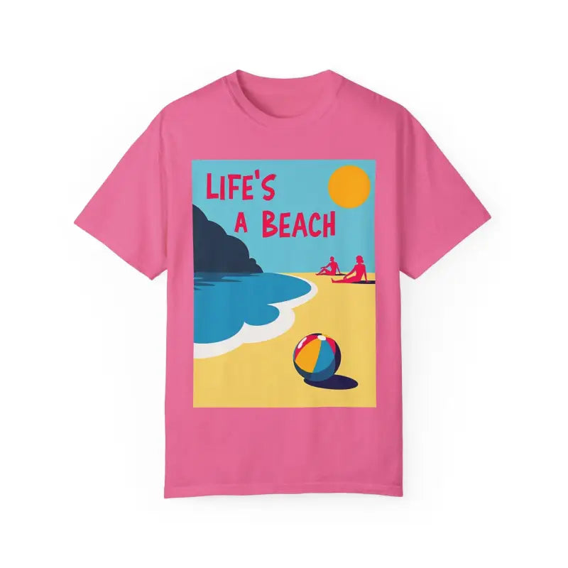 Pink Beach Life Unisex T Shirt featuring a vibrant beach scene design