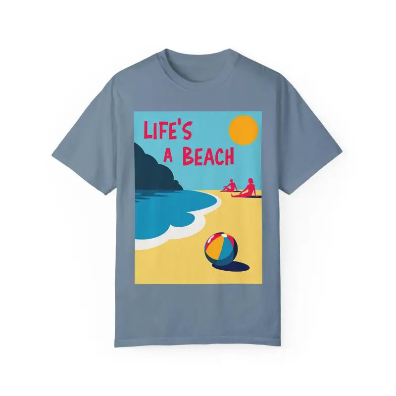 Blue Beach Life Unisex T Shirt featuring a vibrant beach scene graphic