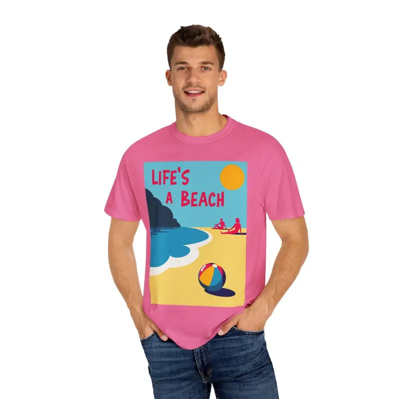 Pink Beach Life Unisex T Shirt featuring vibrant beach graphic design