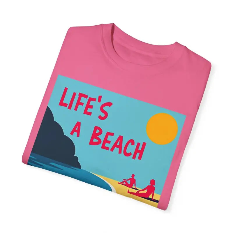 Pink Beach Life Unisex T Shirt featuring a vibrant beach scene design