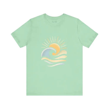 Mint green Beach Vibes Unisex Short Sleeve Tee featuring sun and wave design