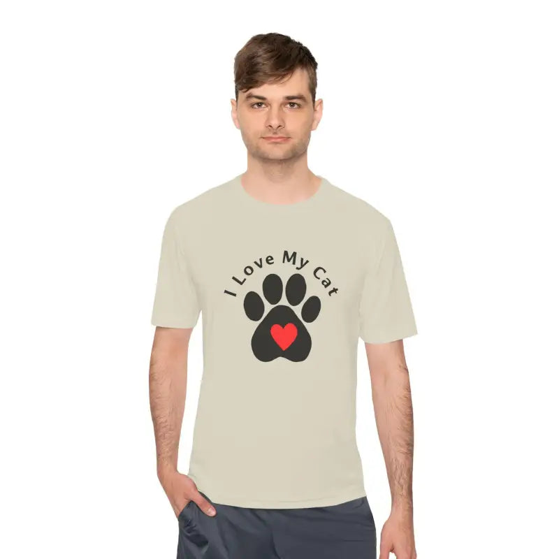 Beige I Love My Cat Moisture Wicking T Shirt with Cat Paw Print - Ocean State Styles