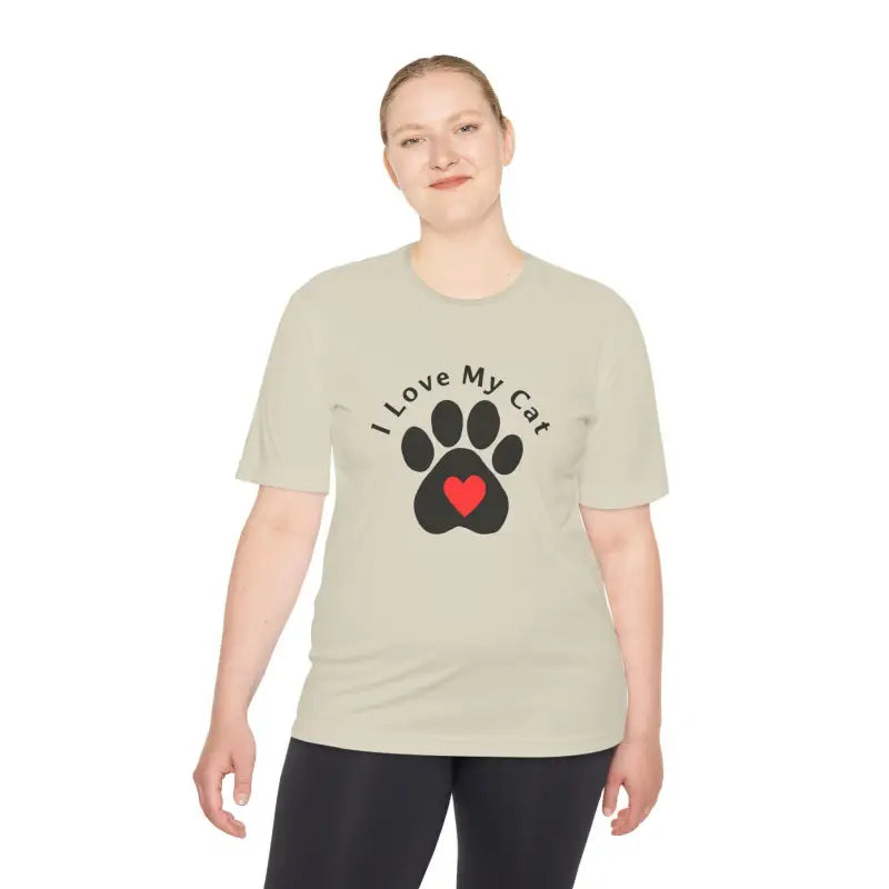 Beige I Love My Cat Moisture Wicking T Shirt with Cat Paw Print - Ocean State Styles