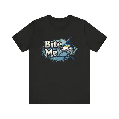Black unisex t-shirt featuring a Bite Me marlin graphic for fishing enthusiasts