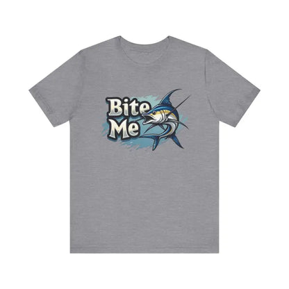 Gray unisex t-shirt featuring a Bite Me marlin graphic design for fishing enthusiasts