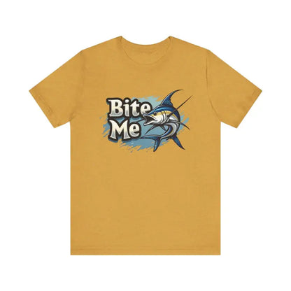 Mustard-colored unisex t-shirt featuring a Bite Me marlin graphic design