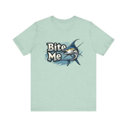 Light green Bite Me Unisex Fish Graphic Tee featuring marlin design on front