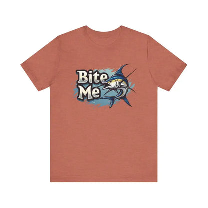 Salmon-colored Bite Me Unisex Fish Graphic Tee showcasing playful design