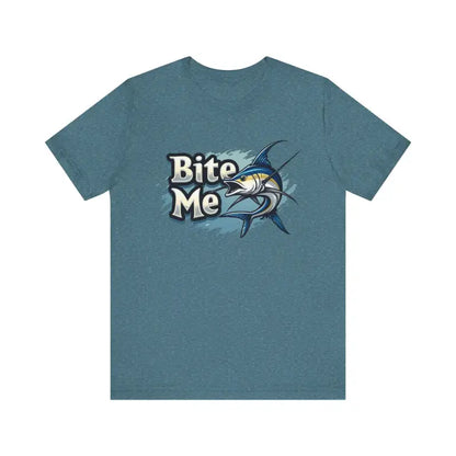 Blue t-shirt featuring a marlin graphic from the Bite Me Unisex Fish Graphic Tee collection
