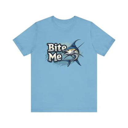Light blue Bite Me Unisex Fish Graphic Tee featuring a marlin design