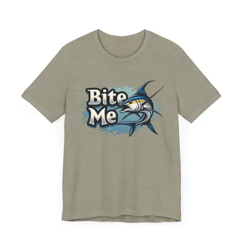 Khaki T-shirt featuring a marlin graphic from the Bite Me Unisex Fish Graphic Tee collection