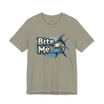 Khaki T-shirt featuring a marlin graphic from the Bite Me Unisex Fish Graphic Tee collection