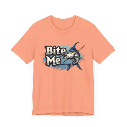 Peach-colored t-shirt featuring a marlin graphic from the Bite Me Unisex Fish Graphic Tee