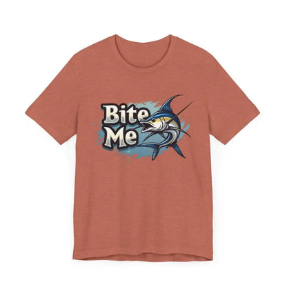 Salmon-colored unisex t-shirt featuring Bite Me fish graphic design