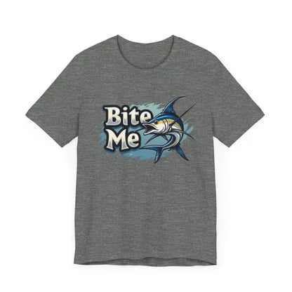 Gray unisex t-shirt featuring a Bite Me marlin graphic for fishing enthusiasts