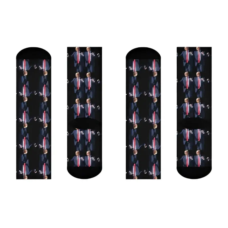 Black socks with repeating Donald Trump suit design in red, white, blue