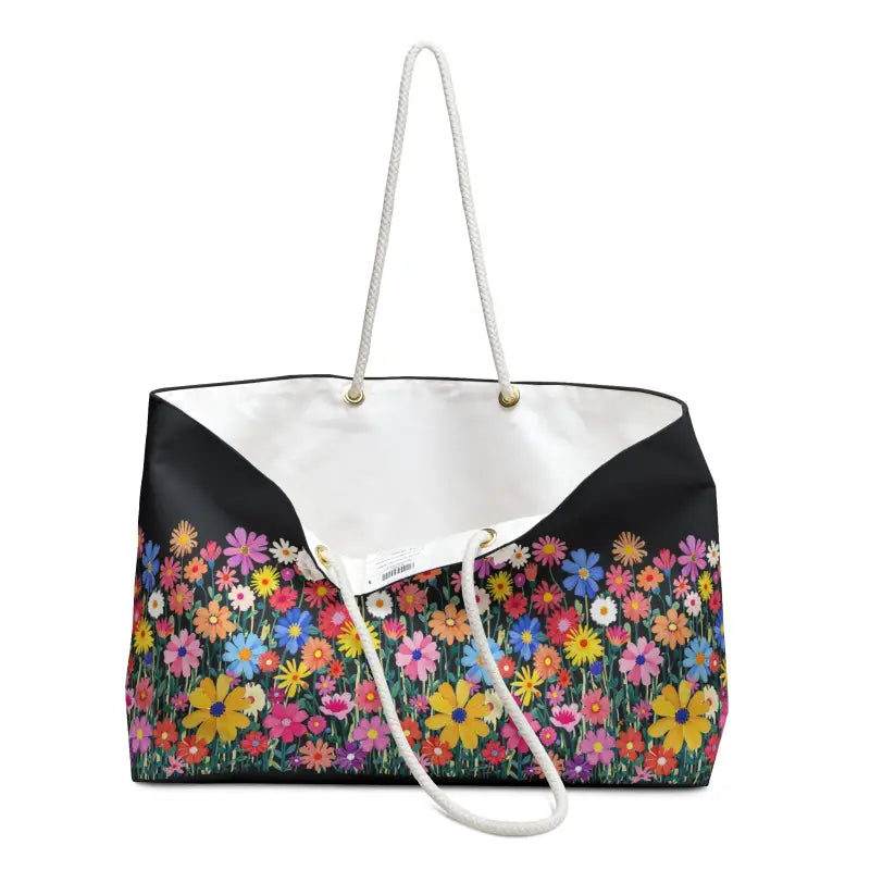 Black Tote Bag with Colorful Floral Print and Rope Handles - Ocean State Styles