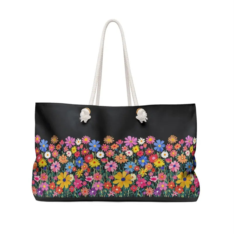 Black Tote Bag with Colorful Floral Print and Rope Handles - Ocean State Styles