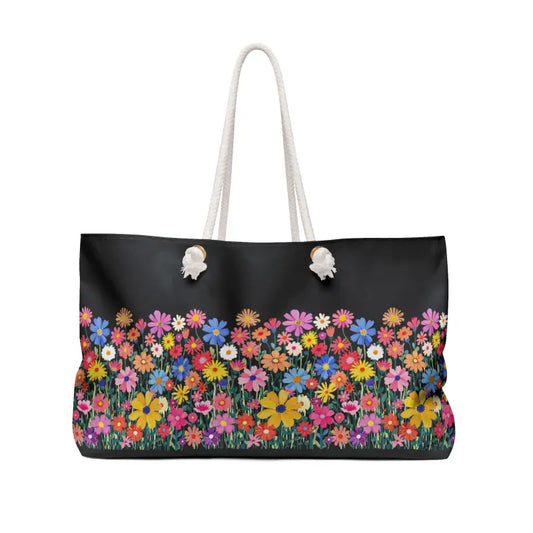 Black Tote Bag with Colorful Floral Print and Rope Handles - Ocean State Styles
