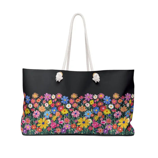 Black Tote Bag with Colorful Floral Print and Rope Handles - Ocean State Styles
