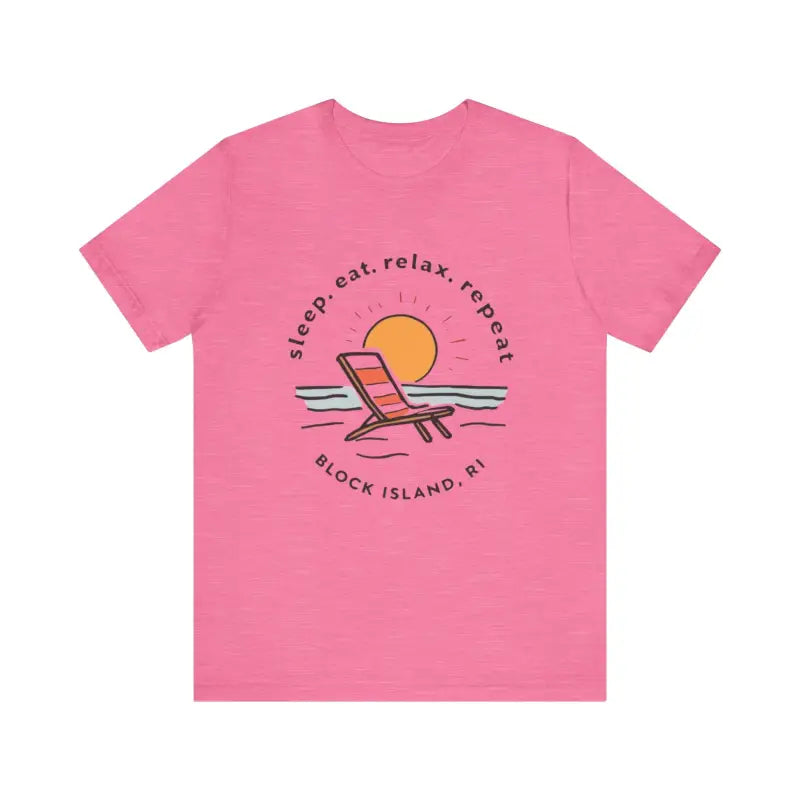 Pink t-shirt featuring a beach graphic from the Block Island Beach Vibes Unisex Tee