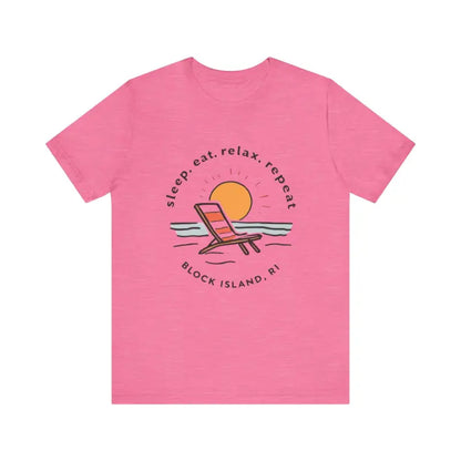 Pink t-shirt featuring a beach graphic from the Block Island Beach Vibes Unisex Tee