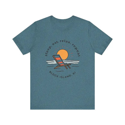 Blue Block Island Beach Vibes Unisex Tee featuring a vibrant beach scene design