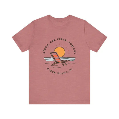 Mauve Block Island Beach Vibes Unisex Tee showcasing a relaxed beach style