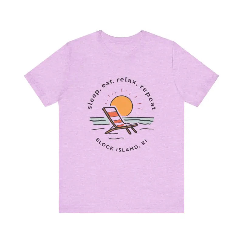 Lavender Block Island Beach Vibes Unisex Tee displayed in a stylish setting