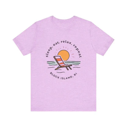 Lavender Block Island Beach Vibes Unisex Tee displayed in a stylish setting