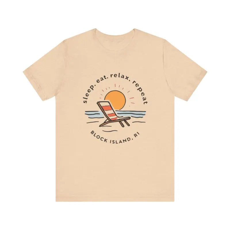 Beige Block Island Beach Vibes Unisex Tee featuring a vibrant beach graphic