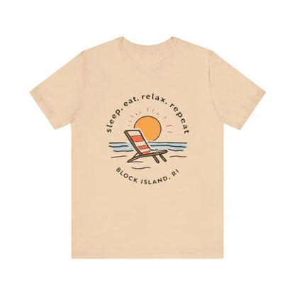 Beige Block Island Beach Vibes Unisex Tee featuring a vibrant beach graphic