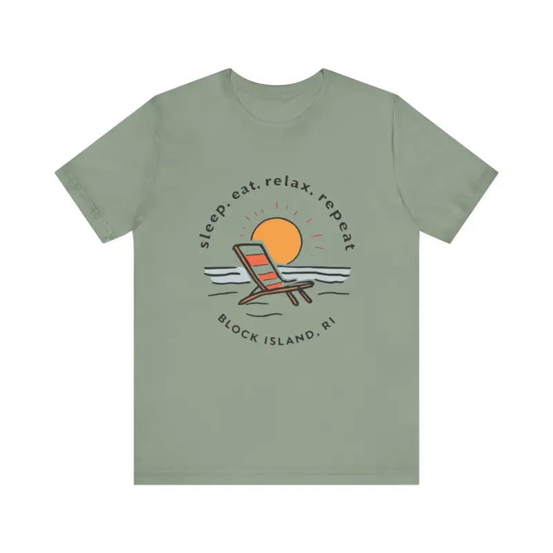 Green Block Island Beach Vibes Unisex Tee featuring a vibrant beach graphic