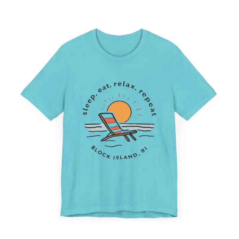 Turquoise Block Island Beach Vibes Unisex Tee featuring a vibrant beach scene