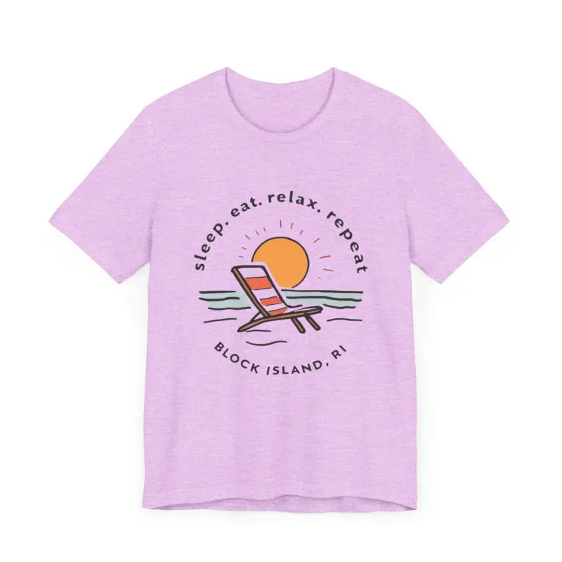 Lavender t-shirt featuring a beach graphic from Block Island Beach Vibes Unisex Tee